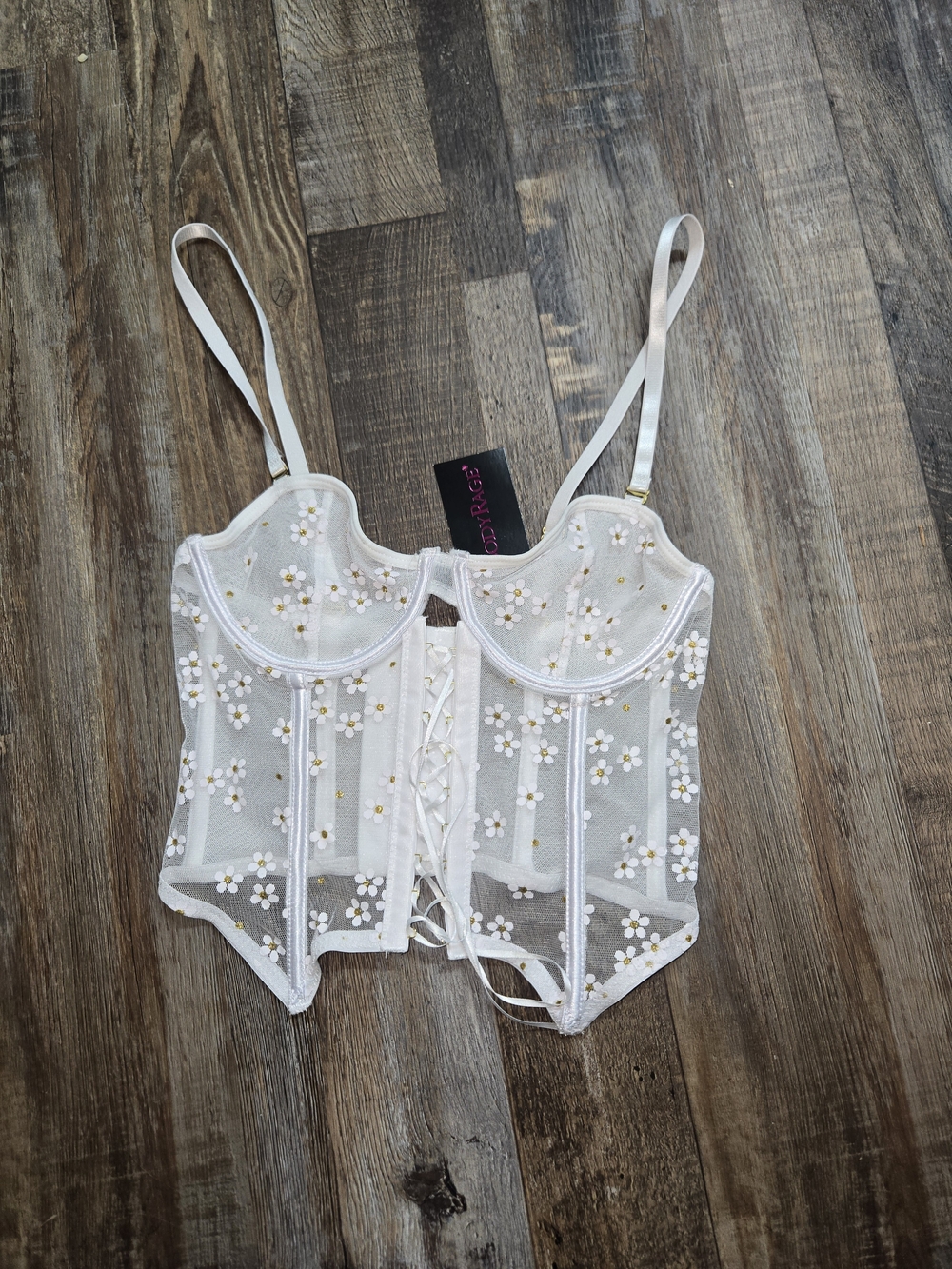 Floral Embroidered Sheer Corset Bodysuit in White